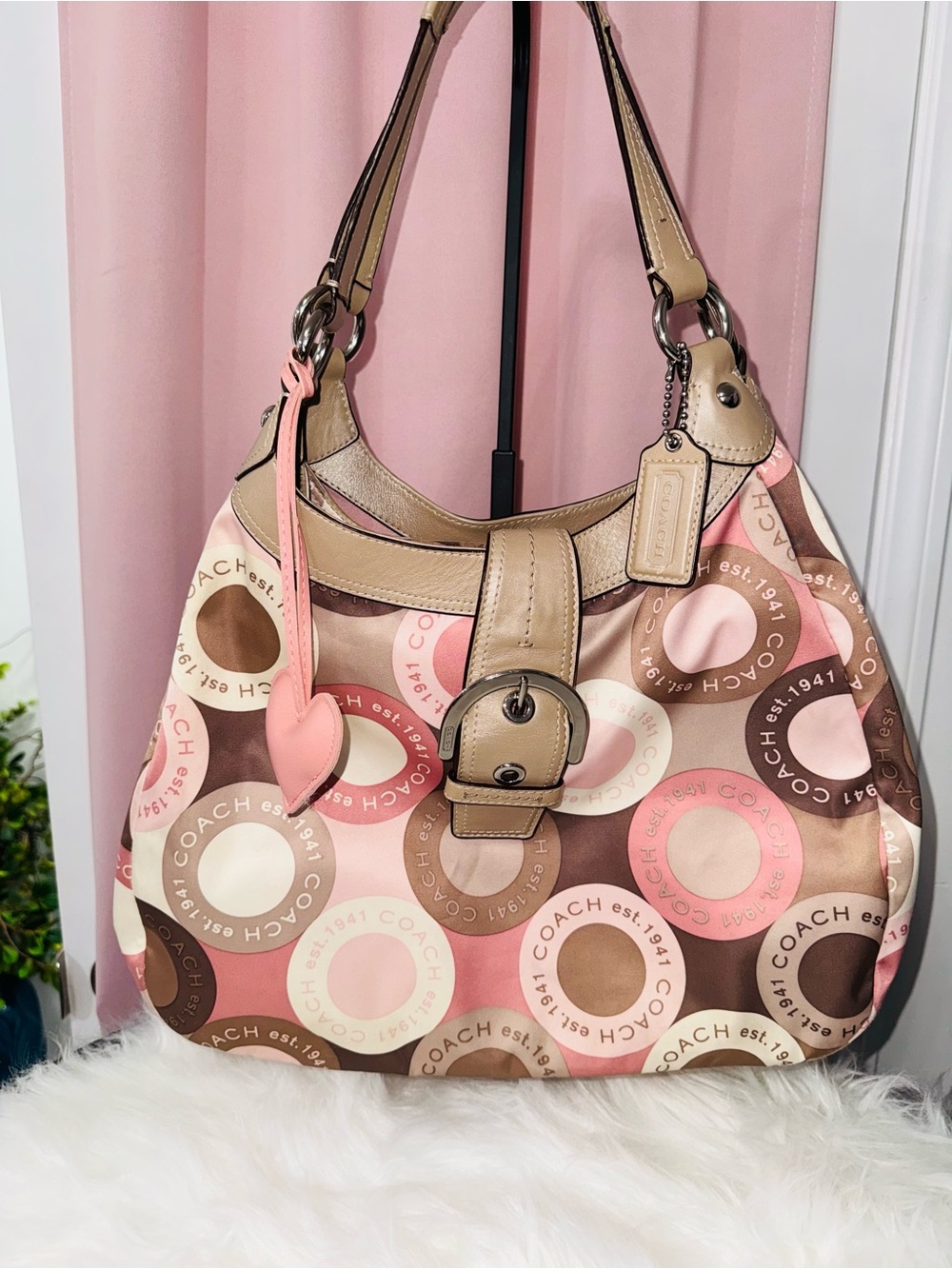 Coach Pink Brown Circle Logo Print Hobo Shoulder Bag Y2K - Picture 10 of 10